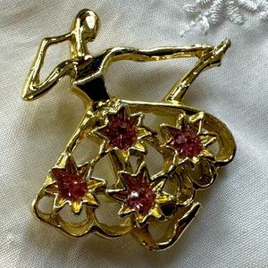 Vintage Signed Gerry’s Ballerina Pin Brooch, Gold tone Pink Rhinestone